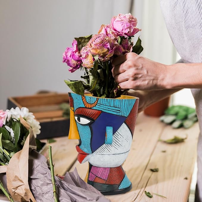 Abstract Face Planters Pots Head 7.8 Inch with Drainage - Decorative Plant Pots Retro Rainbow Design Cute Unique Planter for Succulents/Snake Plants/Cactus Indoor &amp Outdoor