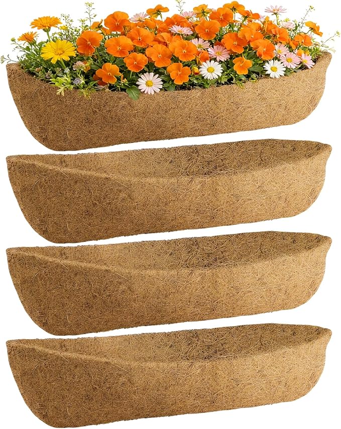 48in Arched Coco Liners for Window Planter Box - 4 Pack 100% Natural Coconut Coir Fiber Liner Replacement for Deck Flower Box Garden Railing Fence Trough Wall Planter Basket