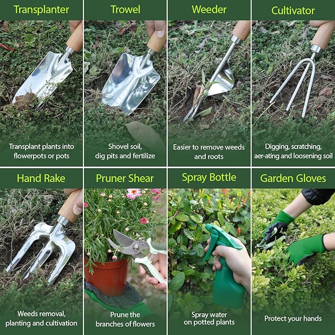 Garden Tool Set 10 Piece Kit with Heavy Duty Folding Stool Detachable Storage Tote Bag Stainless Steel Tools Gifts for Women Men Green