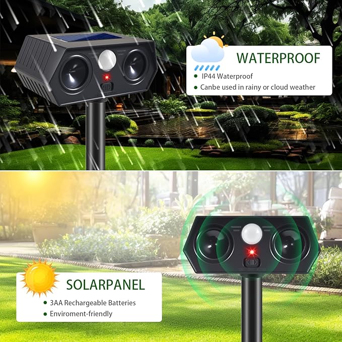 Solar Ultrasonic Animal Repellent Outdoor Deer Cat &amp Rabbit Deterrent with PIR Sensor Squirrel Raccoon Skunk &amp Dog Repeller for Yard Armadillos Scare Devices for Lawn (4 Pack)