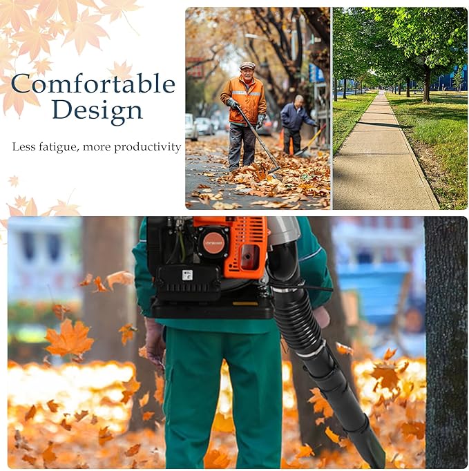 Backpack Leaf Blower 63CC 2-Stroke Engine Gas Leaf Blower High Strength Snow Blower 665 CFM Air Volume 6800R/min Ergonomic Design Handheld Leaf Blower for Dust Snow Debris Outdoor
