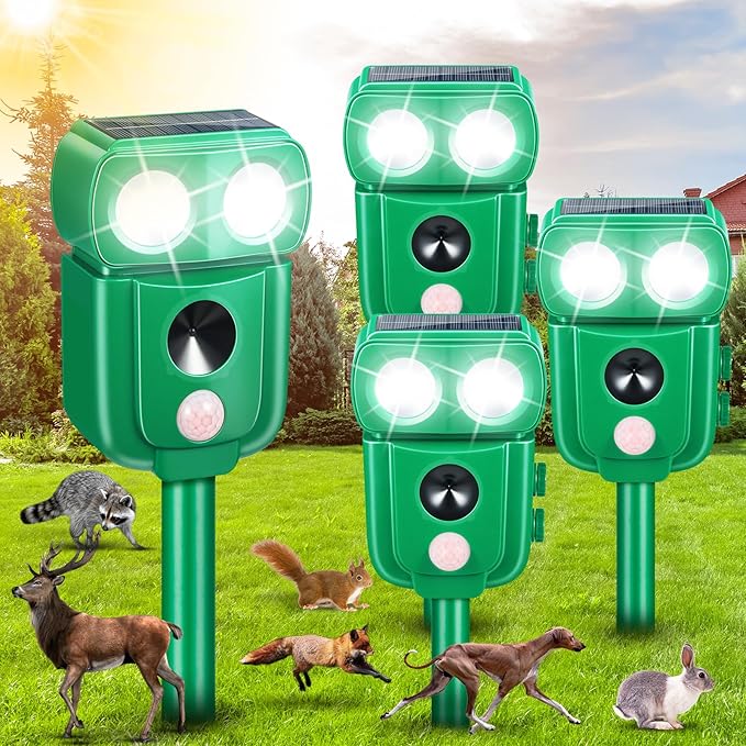 Solar Animal Repellent OutdoorCat Repellent Outdoor Rabbit Squirrel Dog Deer Repellent Devices Raccoon Fox Skunk Deer Deterrents with Motion Detection &amp LED Light for Yard Farm Garden (4 Green)