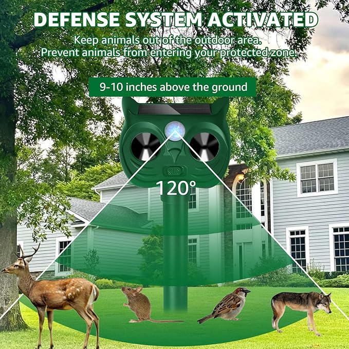 Solar Ultrasonic Animal Repellent Outdoor Motion Sensor Deer Repellent Devices Squirrel Cat Raccoon Deterrent with Strobe Light Dual Mode Keep Skunk Away Protection for Yard Garden Lawn 1Pack