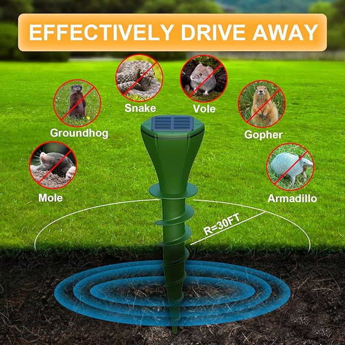 Mole Repellent Solar Powered 4 Pack IP65 Waterproof Mole Vole Repellent for Yard Gopher Groundhog Deterrent for LawnUltrasonic Repellent OutdoorKeeps Snakes Lizard Groundhog Skunk Out of Yard