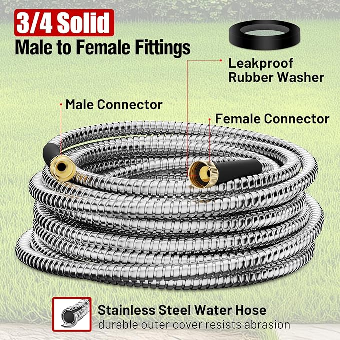Garden Hose 50 ft Stainless Steel Metal Water Hose with Nozzle Flexible and Durable Rust Proof No-Kink Heavy Duty Leakproof 3/4'' Brass Fittings Lightweight Hose for Patio Lawn