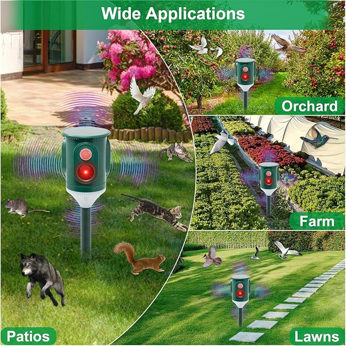 Solar Ultrasonic Animal Repellent Outdoor 360° Motion Activated Pest Deterrent with Strobe Light Waterproof Garden Protection for Cats Dogs Squirrels RaccoonsSkunks Rabbits Coyotes