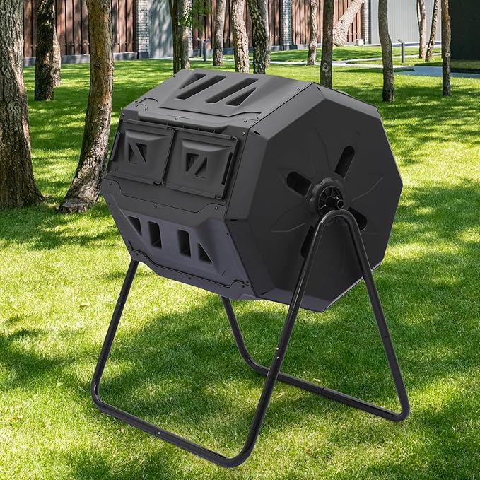MoNiBloom 43 Gallon Compost Tumbler Outdoor BPA Free Large Dual Chamber Tumbling Compost Bin All-Season Fast Working Tumbling Composter High Volume Composter with 2 Sliding Doors