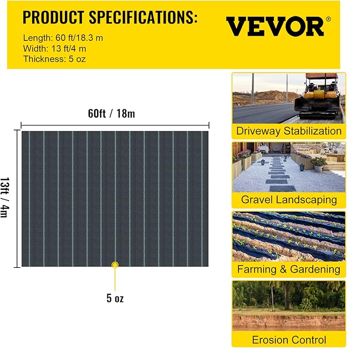 Happybuy Driveway Fabric 13x60ft Commercial Grade Landscape Fabric Garden Weed Barrier Fabric Heavy Duty Geotextile Fabric Underlayment Gravel Ground Cover Drainage Fabric Weed Mat Cloth