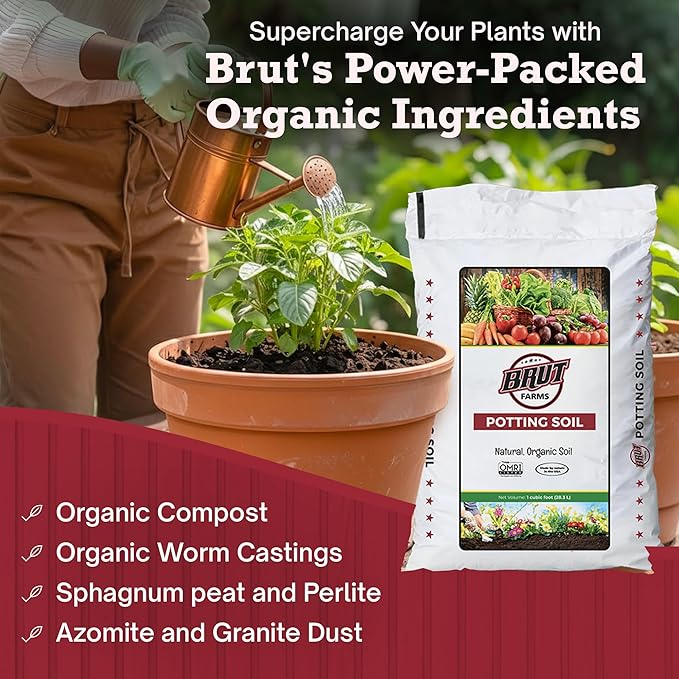Brut Organic Potting Soil 1 CU FT – Premium Plant Soil with Organic Worm Castings Trace Minerals &amp Perlite – Chemical-Free Filler-Free – Ideal Potting Mix for Indoor &amp Outdoor Plants – Pack