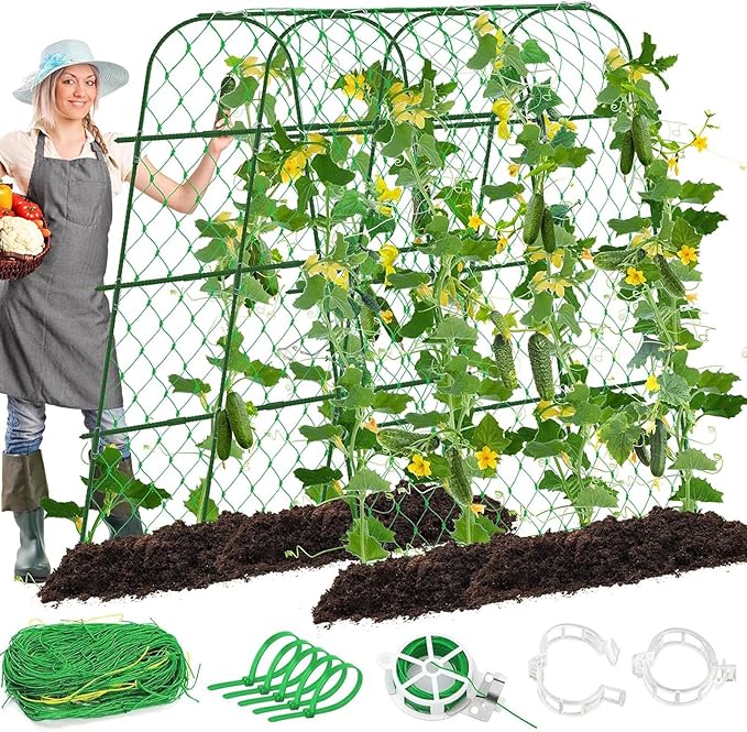 Cucumber Trellis for Raised Bed U-Shape Garden Trellis for Climbing Plants Outdoor with Climbing Net and Plant Support Clip for Tomato Bean Grape Zucchini63 x 47 Inch