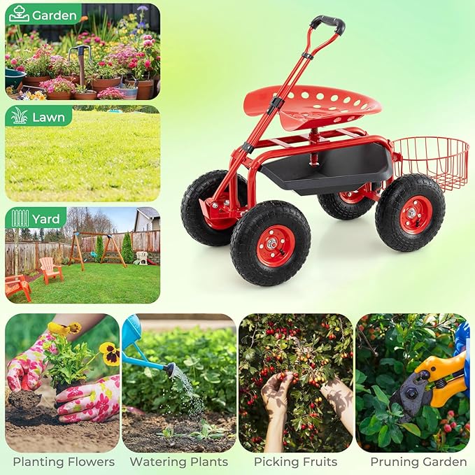 Garden Seat with Wheels Rolling Stool with Extendable Handle Storage Basket &amp Tool Tray Garden Scooter with 360 Degree Swivel Seat for Outdoor &amp Yard (Red)