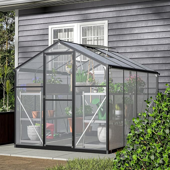 6x8 FT Walk-in Greenhouse Kit with Polycarbonate Panels &amp Aluminum Frame Green Houses for Outside with 2 Vents Greenhouses for Outdoors with Lockable Door Backyard Discovery Greenhouse (Black)
