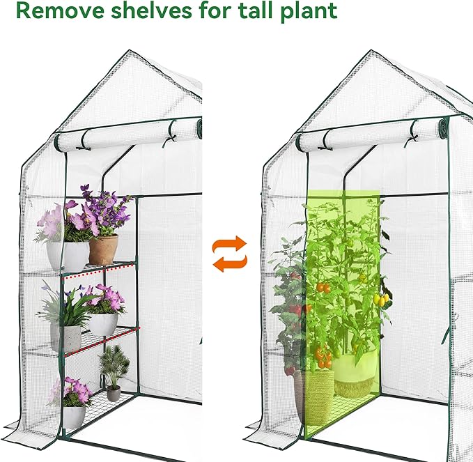 Heyfurni Walk in Greenhouse with 3 Tier 6 Shelves2 More Bottom Shelves Reinforced Plant House Growhouse/Green House for OutdoorPE Cover 143x73x195cm