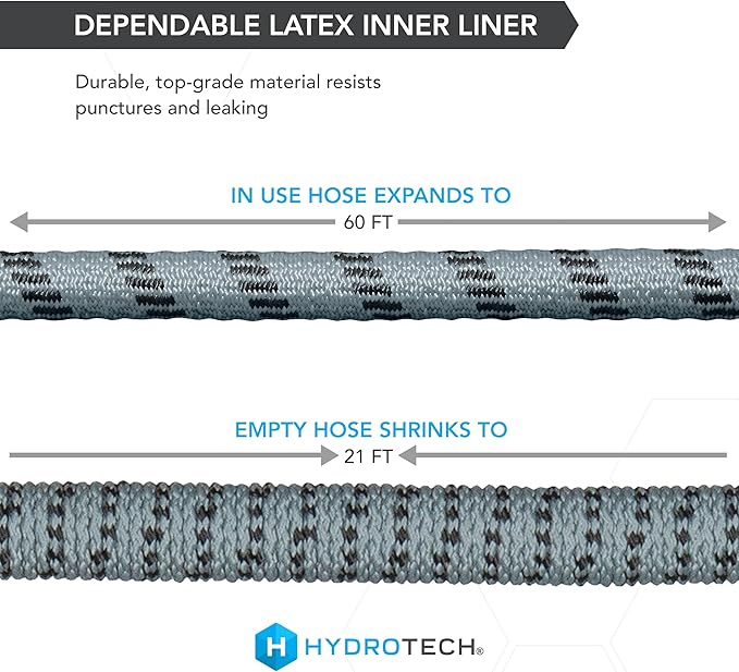 Hydrotech 60 ft Garden Hose – Patented Force Control Burst-Proof Lightweight Flexible No-Kink Design 5/8 4 Tire Hose Guides Ideal for Car Wash &amp Automotive Care