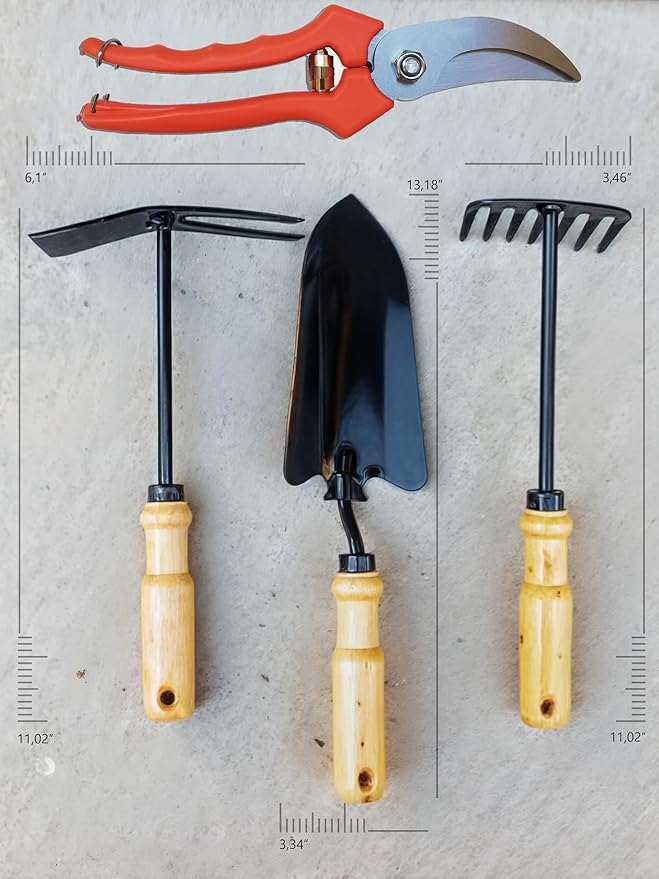 Handcrafted Garden Tools Set – Durable 8mm Axon Iron Spade Anchor &amp Harrow with 7 Gears Includes Adjustable Garden Shears Lightweight &amp Sturdy Tools for Gardening &amp Landscaping 4 Piece