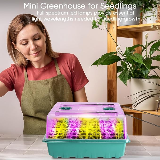 96 Cell Seed Starter Tray with Grow Light Seed Starting Trays with Adjustable Humidity Dome Seed Starter Kit Plant Starter Kit for Seeds Growing Starting Indoor Gardening (Self-Watering)