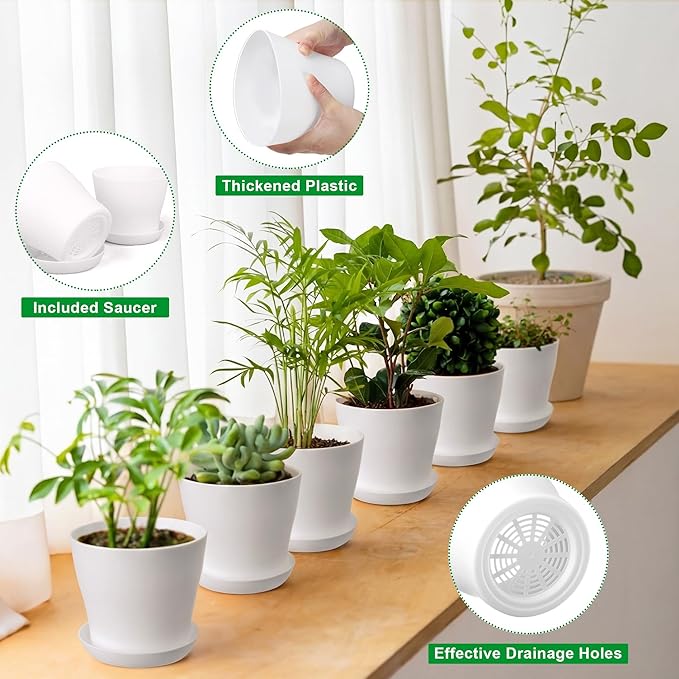 48 Pack Plastic Planters 5.5 Inch Flower Plant Pots Indoor Set Thickened Seedling Nursery Pots Seed Starting Pots with Drainage Holes Saucers Mini Garden Tool for Home Office Garden White