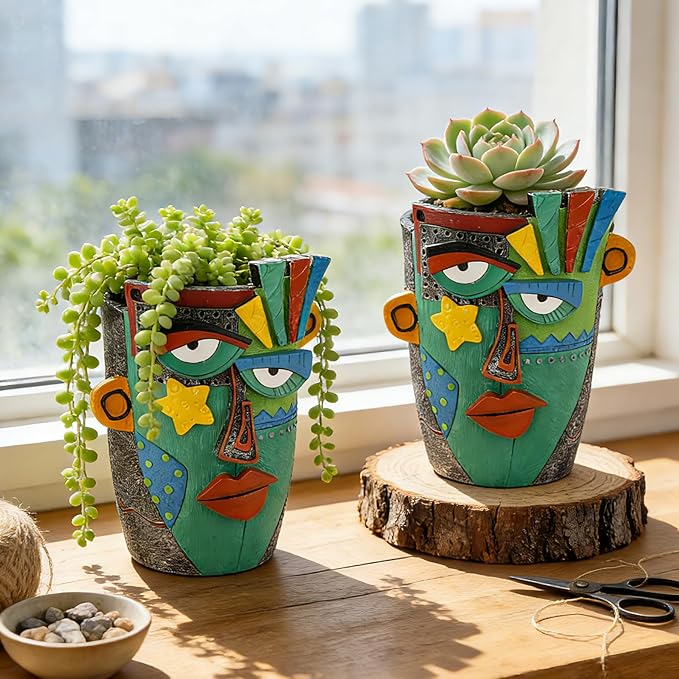 Unique Flower Pots - Abstract Picasso Face Plant Pots Funky Planters with Drainage for Indoor Plants Cool Head Planter for Outdoor Garden &amp Home Decor