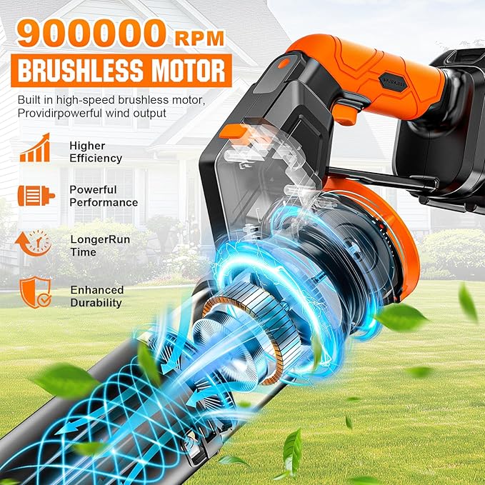 Electric Leaf Blower Cordless -850CFM 250+MPH 3000W Brushless Leaf Blower with 2×6.0Ah Batteries 180° Rotatable 2-in-1 Handheld Blower 3-Speed for Lawn Care/Yard/Car/Patio