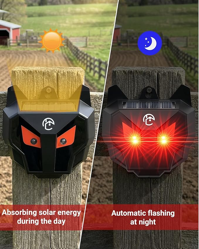 Solar Coyote Deterrent Predator Lights - Nocturnal Animal Repeller with Red LED Flashing Lights for Chicken Coop Yard &amp Garden Protection Against Raccoons Foxes Deer Skunks Hawks