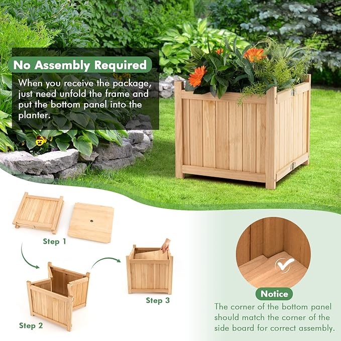 S AFSTAR Outdoor Wooden Planter Box Folding Raised Garden Bed W/Drainage Hole Patio Square Plant Container for Flowers Vegetables Fruits Herbs Collapsible Planting Box for Yard 15 x 15 x 14