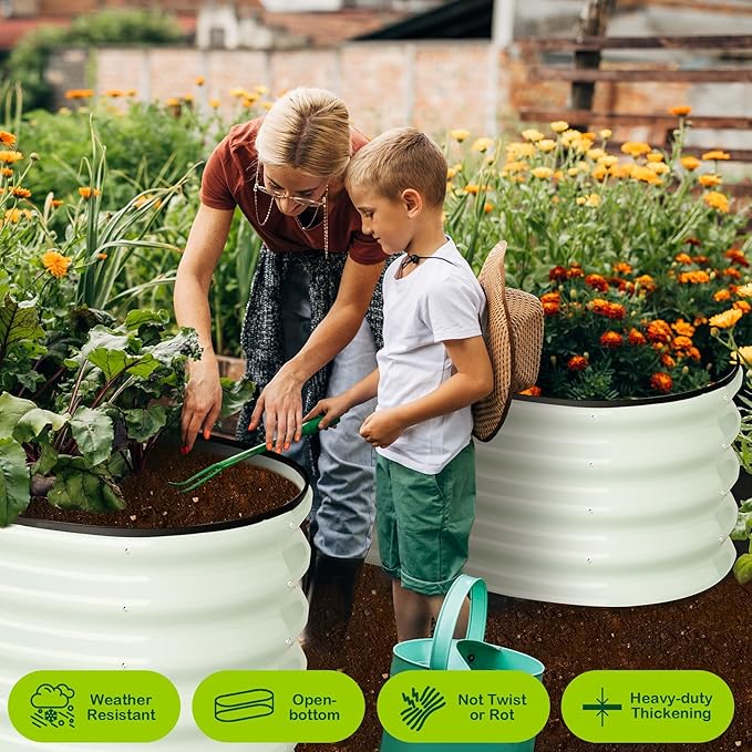 4.5x2x1.5FT Oval Galvanized Steel Raised Garden Beds 2-Pack Large Outdoor Metal Planter Boxes with Open Base and Safety Edge Tool-Free Assembly Weather-Resistant for Vegetables Flowers Herbs White