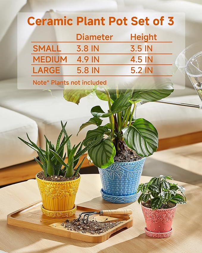 Ceramic Plant Pots 3.8+4.9+5.8 Inch Set of 3 Flower Pots with Drainage Hole &amp Saucer Embossed Planter Pots for House Plants Home Decor Set of 4 Assorted Colors