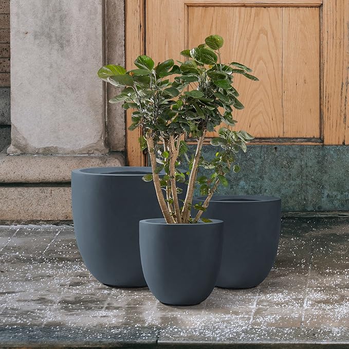 Kante 2016.513.4 Dia Round Concrete Planters (Set of 3) Outdoor Indoor Modern Decorative Plant Pots with Drainage Hole &amp Rubber Plug for Home &amp Garden Charcoal