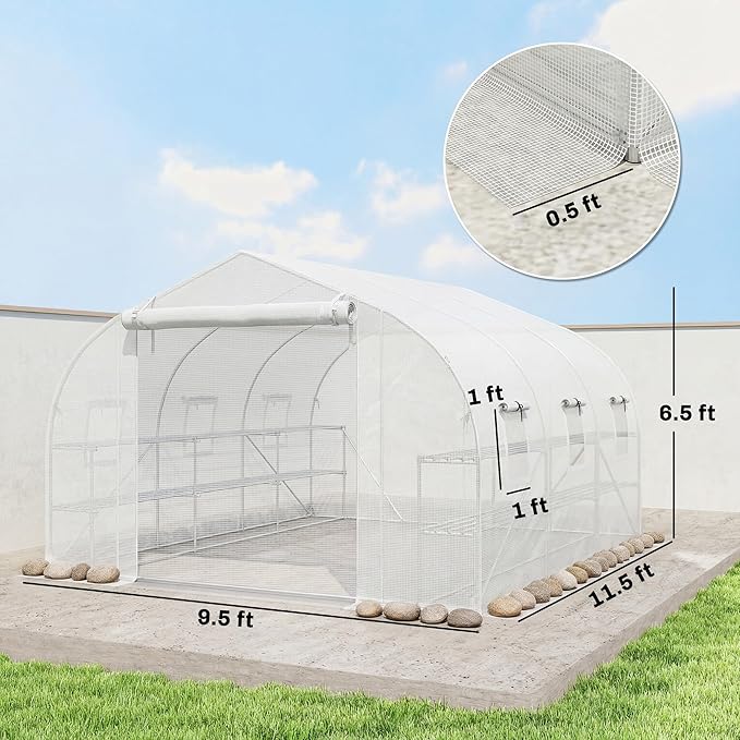 Outsunny 10'x11'x6' Walk-in Tunnel Greenhouse with Shelves Mesh Door and Windows Plant Hot House with PE Cover Outdoor Green House for Patio Lawn Garden White