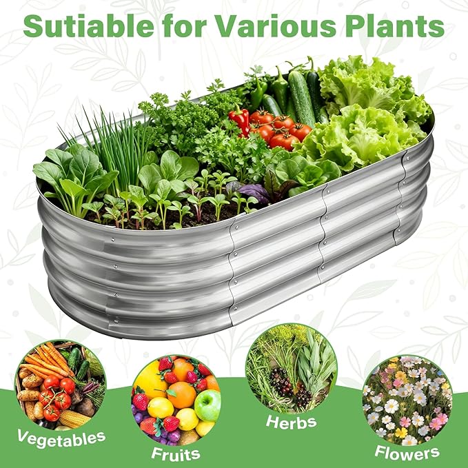 HGD Galvanized Raised Garden Bed for Outdoor: 4X2X1ft Durable Metal Vegetable Plant Container Kit - Oval Planter Box for Gardening Flower Trough