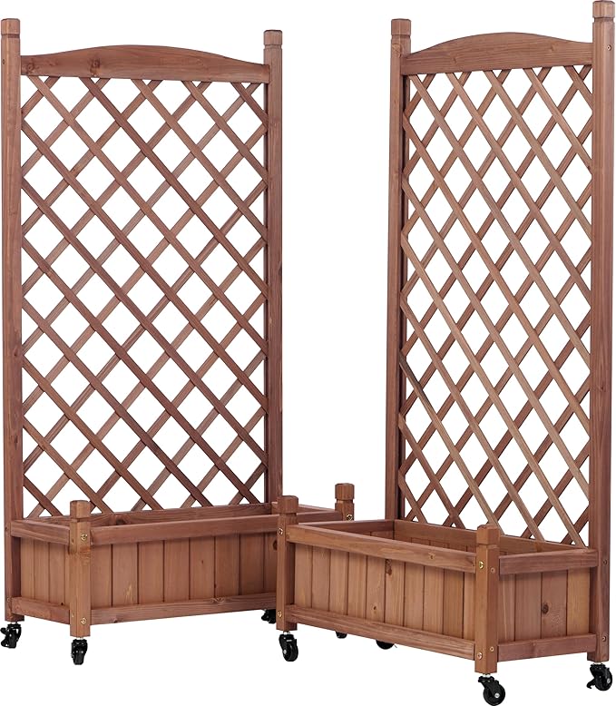 2-Pack Raised Garden Beds with Trellis &amp Wheels – Natural Wood Outdoor Planter Boxes with Climbing Racks Drainage Holes &amp Fixing Device – for Vegetables Flowers &amp Vines