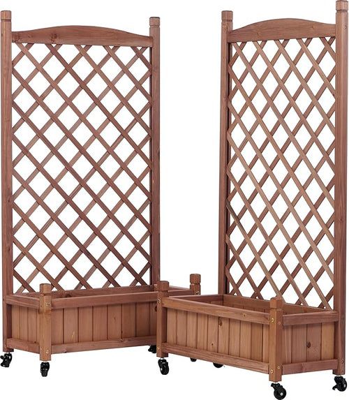 2-Pack Raised Garden Beds with Trellis &amp Wheels – Natural Wood Outdoor Planter Boxes with Climbing Racks Drainage Holes &amp Fixing Device – for Vegetables Flowers &amp Vines