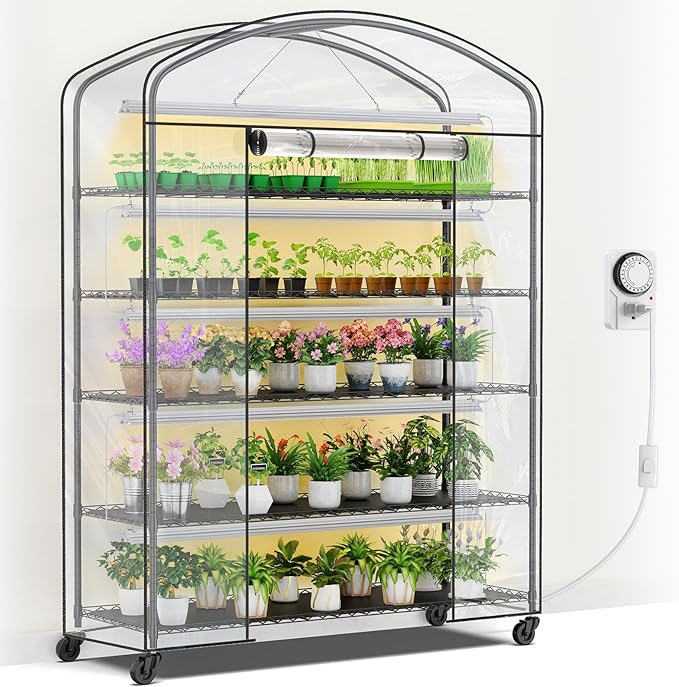 Abimars 5-Tier Greenhouse with Grow Light Shelf Height Adjustable Metal Plant Shelf with PVC Cover and Wheels Includes 5-Pack 2900K Full Spectrum Plant Lights 21x60x80inch
