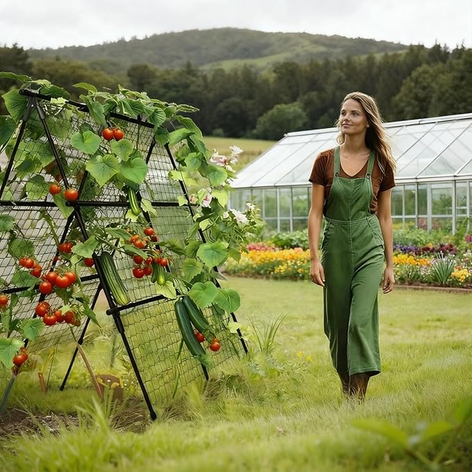 Cucumber Trellis Set A-Shaped Plant Holder with Garden Net &amp Plant Clips Adjustable Width Trellis Metal Plant Support for Climbing Plants Flowers Useful Plants 120 x 120 cm Black