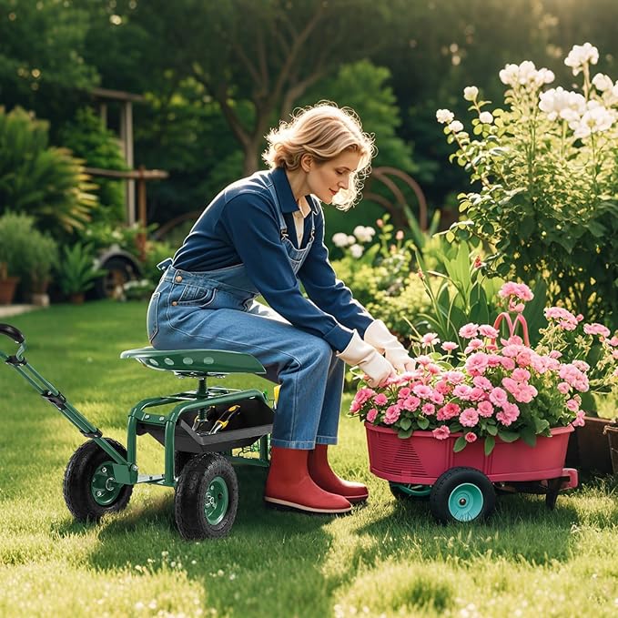Garden Seat with Wheels Rolling Garden Stool with Extendable Handle Storage Basket &amp Tool Tray Garden Scooter with 360 Degree Swivel Seat for Outdoor Garden