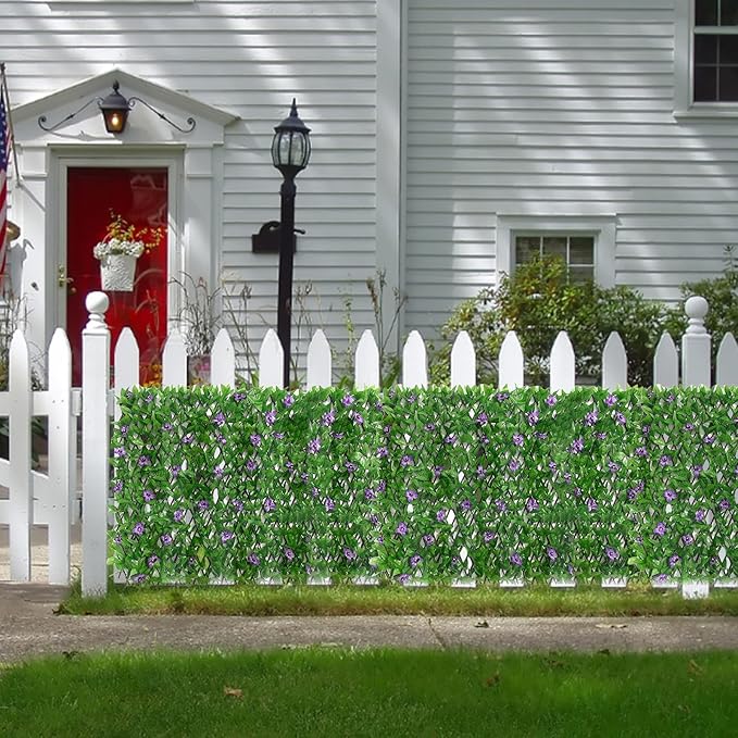 Expanding Garden Trellis Panel Artificial Hedge Wall Panels Garden Privacy Screen with Ivy and Violet Flower Adjustable Fake Leaf Wall Greenery Hedge Plant for Gardens Backyard Balcony