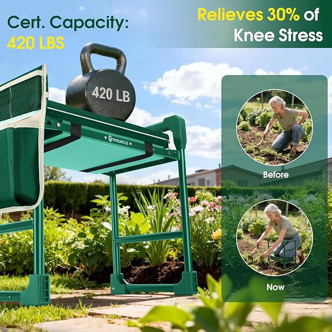 Garden Kneeler and Seat for Seniors: Heavy Duty 420 LBS Support Anti-Tip Multifunctional Gardening Stool Bench with Widened Thick Soft Kneeling Pad &ampTool Bag - Foldable for Gardeners