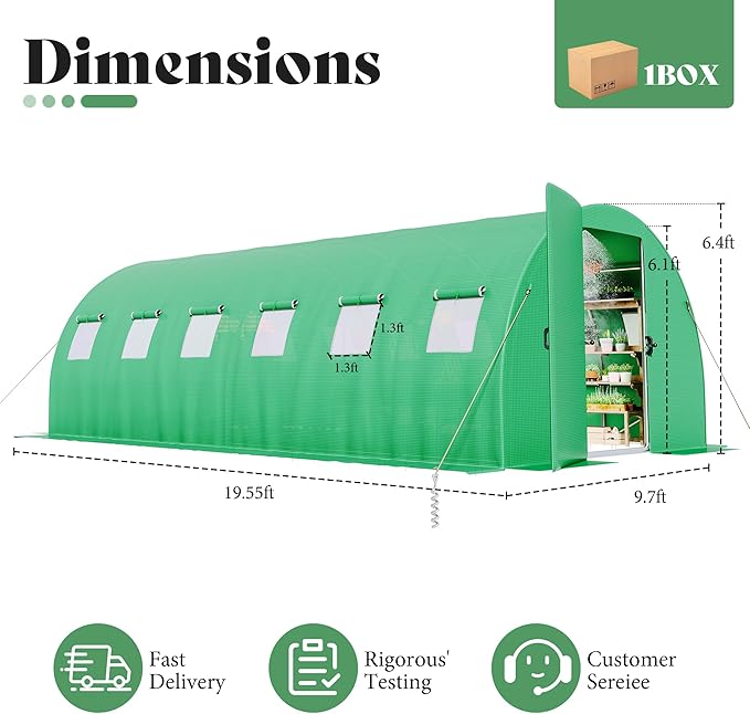 AMERLIFE 20×10 FT Tunnel Greenhouse with Built-in Sprinkler System Walk-in Greenhouse for Backyard Gardening Heavy Duty Galvanized Steel Frame &amp Waterproof PE Cover Green