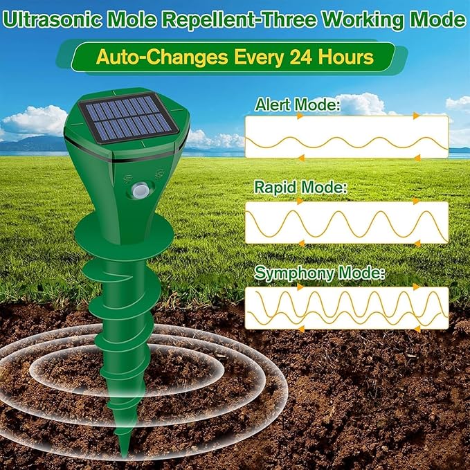Mole Repellent Solar Powered2 Pack Ultrasonic Gopher Repeller IP65 Waterproof for Lawn Garden Yard Sonic Vole Repellent Mole Killer Outdoor Get Rid of Snake Groundhog Chipmunk Squirrels-Dark Green
