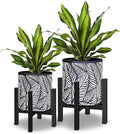 10 &amp 12 Inches Plant Pot with Stand Set of 2 Decorative Palm Leaves Printing Planter with Holder Garden Pot for Snake Plant Monstera Houseplants - Indoor Outdoor Flower Pots with Drainage Hole