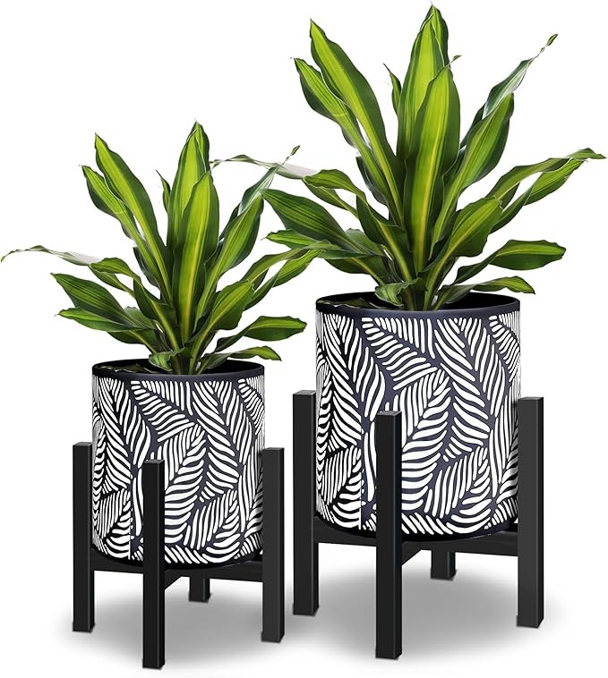10 &amp 12 Inches Plant Pot with Stand Set of 2 Decorative Palm Leaves Printing Planter with Holder Garden Pot for Snake Plant Monstera Houseplants - Indoor Outdoor Flower Pots with Drainage Hole