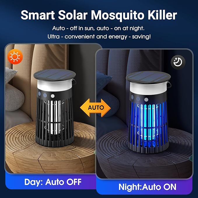 2 Pack Solar Bug Zapper Outdoor Portable Electric Mosquito Killer Waterproof Rechargeable Insect Trap with LED Night Light and Flame Effect Ideal for Outside Patio Backyard and Camping