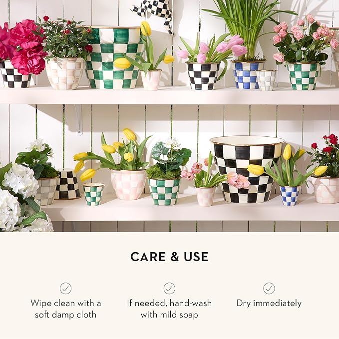 MACKENZIE-CHILDS Enamel Garden Pot Decorative Pot for Plants Outdoor Flowerpot Decor Extra Large Green-and-White Emerald Check