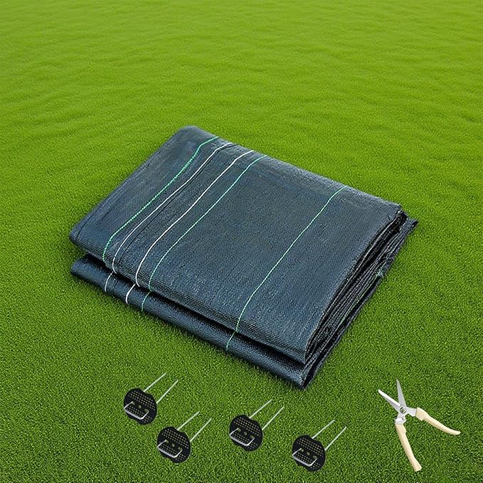 4 FTX100 FT Weed Barrier Fabric Heavy Duty 4.23oz Landscape Fabric with 60pcs U-Shaped Landscape Fabric Staples and 60pcsGarden Stakes Gaskets 1 Shears