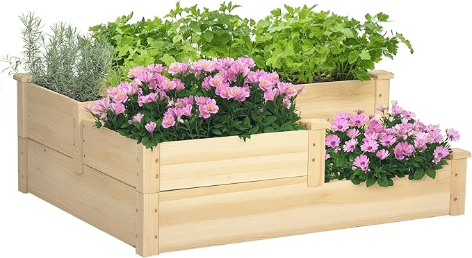 Outsunny 3 Tier Raised Garden Bed Outdoor Planter Box Wooden Garden Box with Open Bottom for Growing Vegetables Herbs Flowers 42.5 x 34.75 x 14.25 Natural