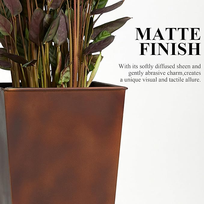 Worth Garden 12 Dia x 25 H Large Metal Planter Set of 2 Matte Bronze Retro Finish Tall Square Tapered Steel Plant Pots Decor Flower Pot Indoor &amp Outdoor Drainage Hole &amp Dual-Purpose Plant