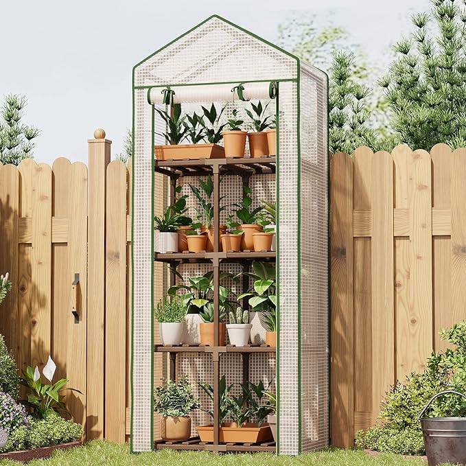 4 Tier Bamworld Mini Greenhouse for Outdoor Indoor 22 x 16 x 66-Inch Portable Greenhouses with Reusable PE Cover Small Greenhouse Kit for Outside Heavy Duty Patio Wooden Greenhouse Tent