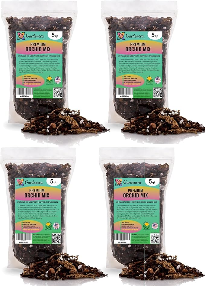 GARDENERA Orchid Soil Mix - 20 Quart - Hand Mixed Premium Classic Sphagnum Moss Potting Soil Mix - for Phalaenopsis Orchid (4 Bags of 5qt)