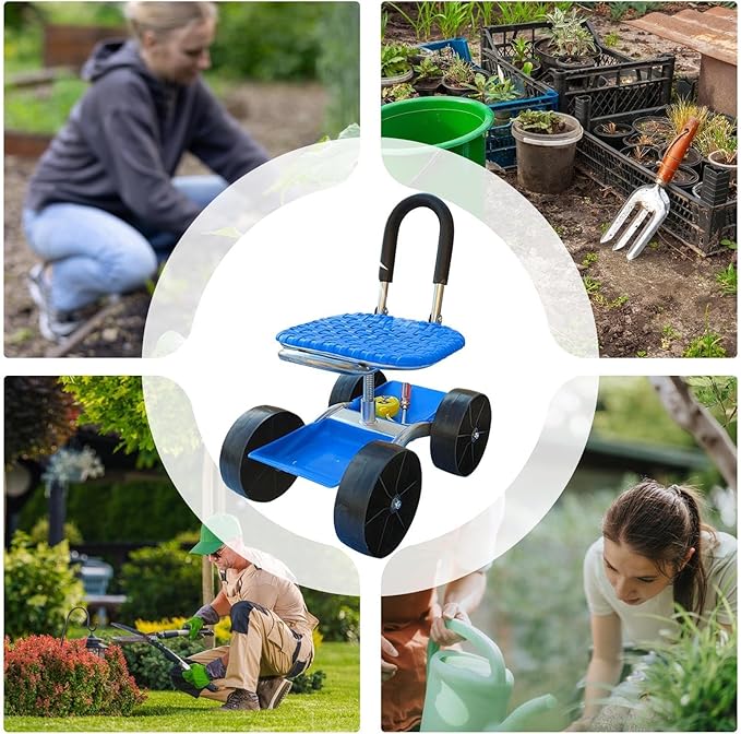 Garden Cart - 360 Degree Swivel Gardening Stool | Rolling Yard Work Chair with Storage Tray with Wheels and Seat for Outdoor Planting Weeding Farming Lawn Maintenance Garden Helper Tool