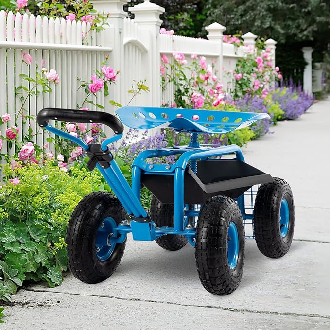 Rolling Garden Cart with Workseat - Heavy Duty Scooter with Handle and Storage Gardening Stool 360 Degree Swivel Seat for Seniors Garden Cart on WheelBlue